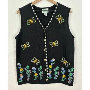 The Quacker Factory Knit Bee Floral Embroidered Sweater Vest Cottagecore Small